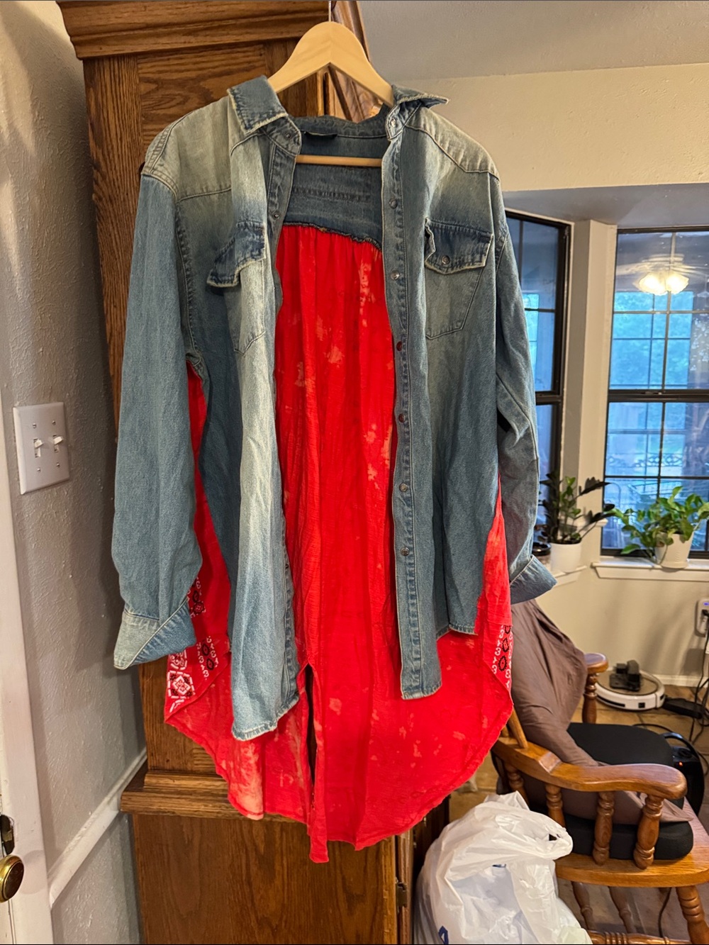 Blue Denim Button-Up Jacket with Red Bandana Panel